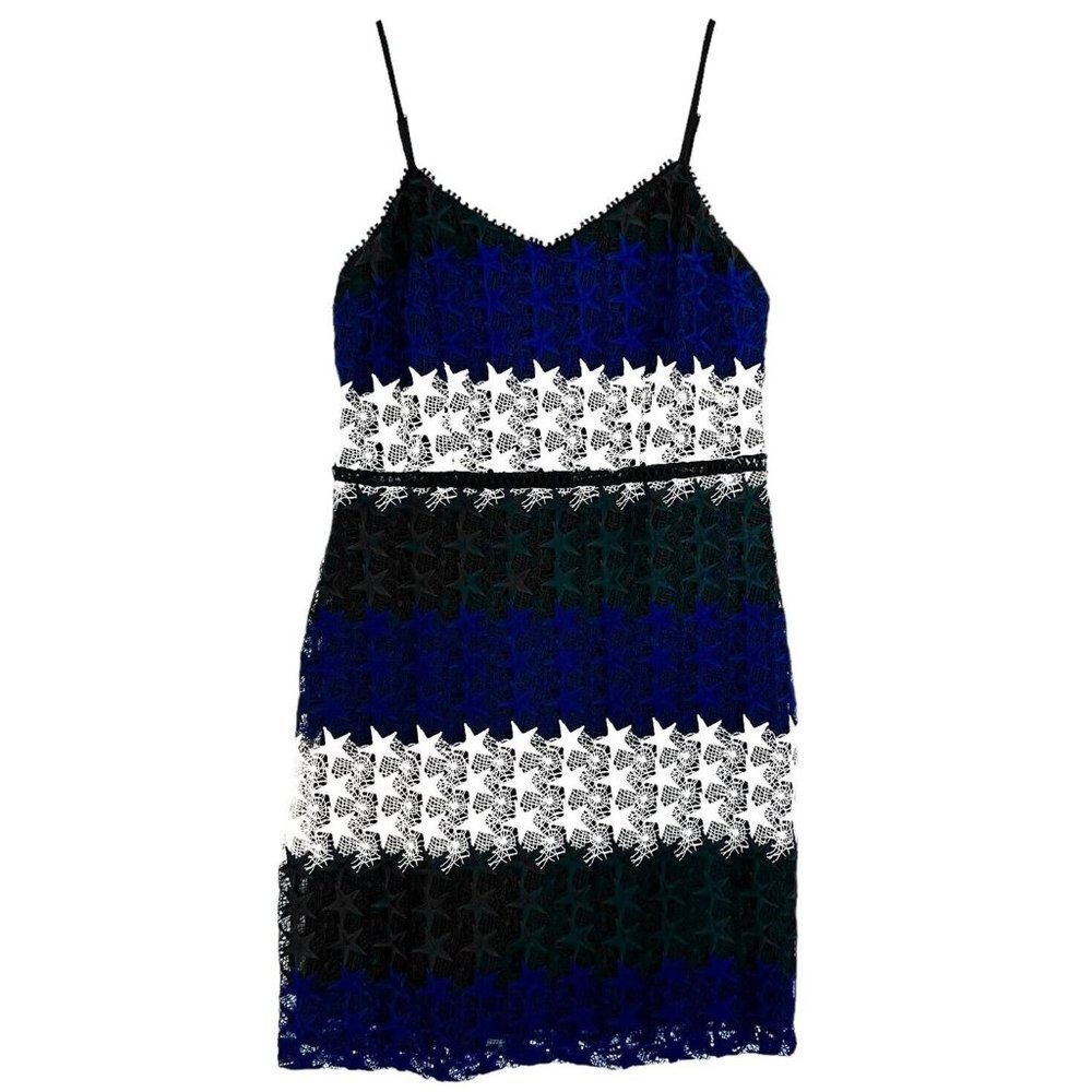 Bebe Womens 12 Sheath Mini Dress Stars Patriotic Lace Blue White